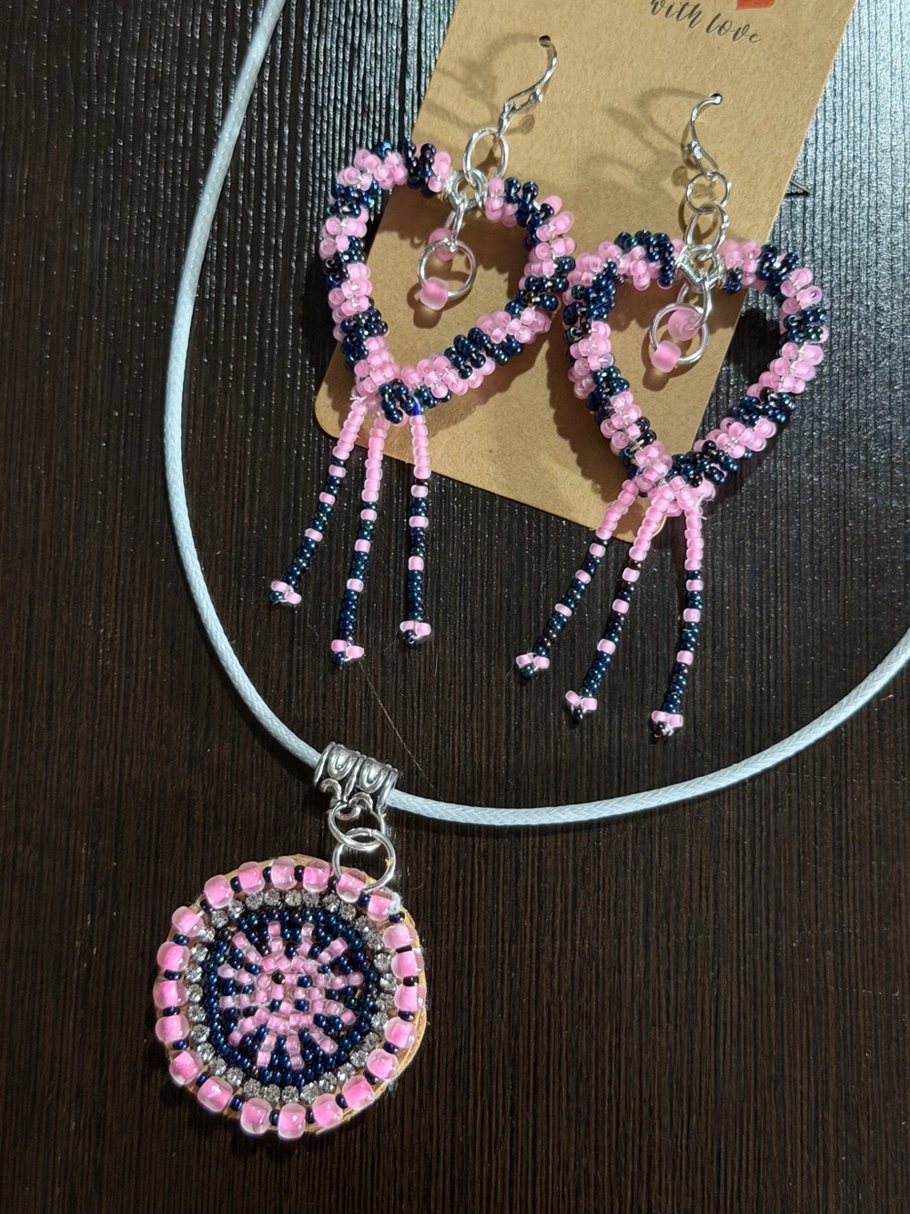 Handcrafted Pink & Navy Beaded Heart Earrings and Pendant Necklace Set